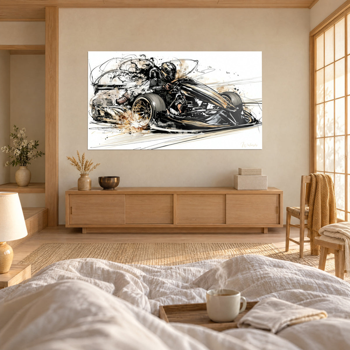 Wall art go-kart drifting at speed, sepia and black splashes, with a couple seen from behind, above a bed in a bright bedroom