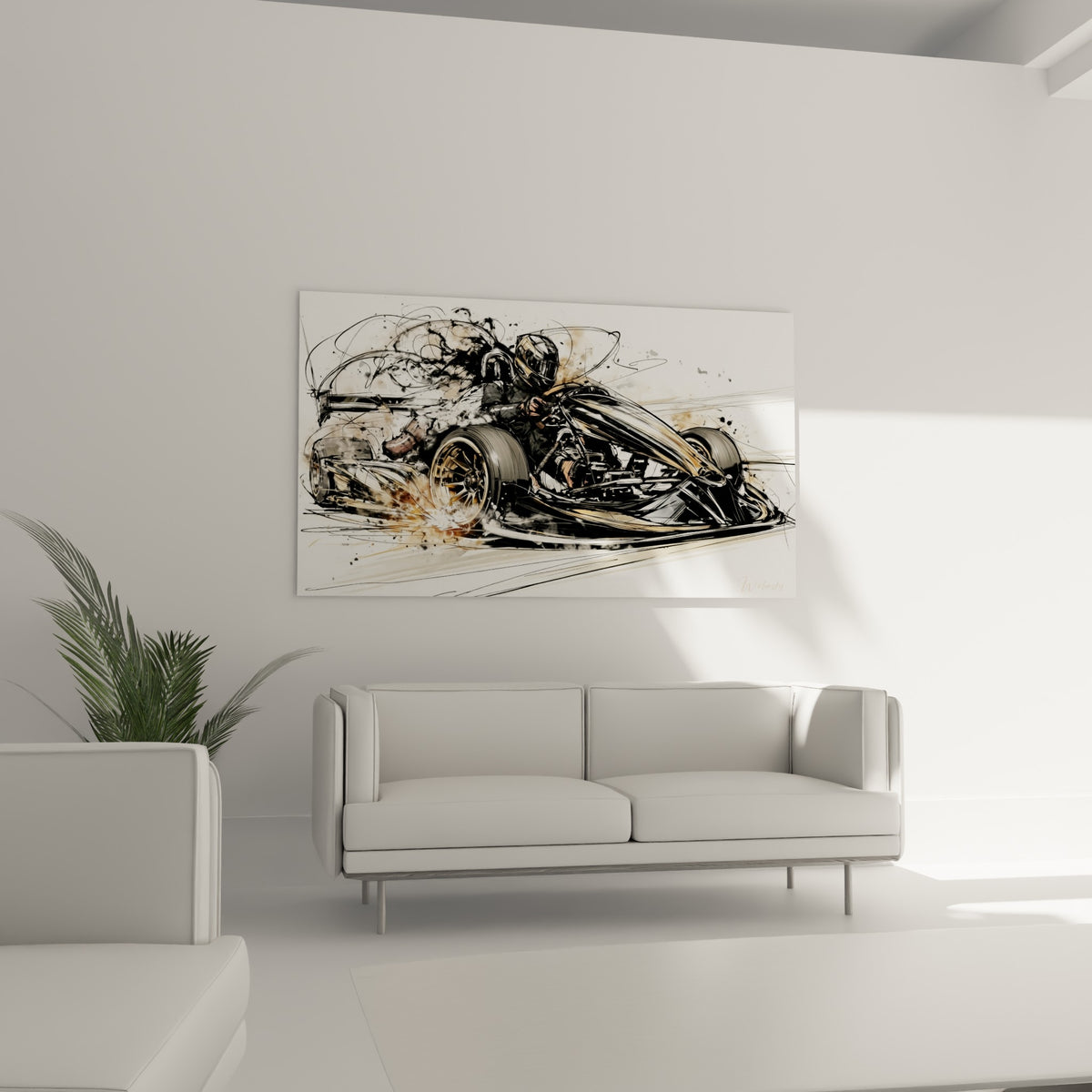 Virage serré d'un kart noir et doré capturé en mouvement, au-dessus d'un canapé dans un salon lumineux