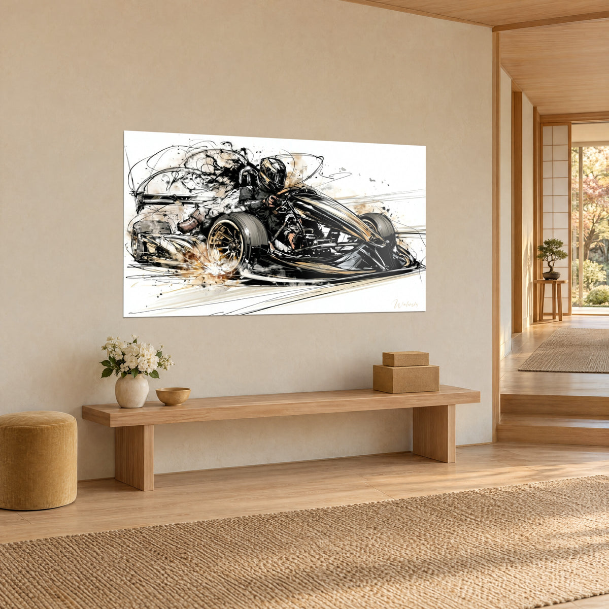 Wall art helmeted racer taking a corner, charcoal tyres and ochre rims, beige wall beside a light wood bench and a bouquet