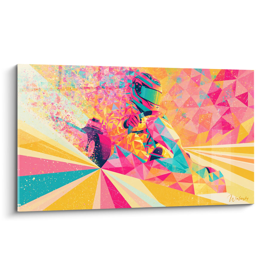 Tableau Pilote géométrique rose et jaune éclaté - Explosion cinétique - Edition Karting