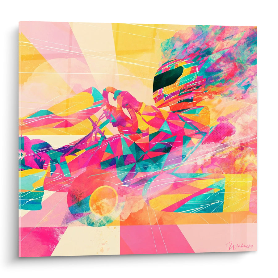 Tableau Pilote casqué rose et jaune géométrique - Vertige de vitesse - Edition Karting
