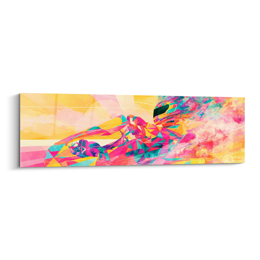 Tableau Pilote rose et jaune en pleine vitesse - Ligne droite lancée - Edition Karting
