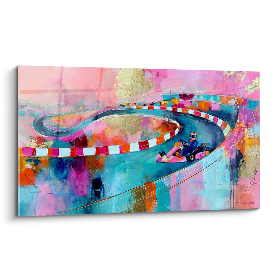 Tableau Kart rose sur circuit sinueux doré - Bordure rouge et blanche - Edition Karting