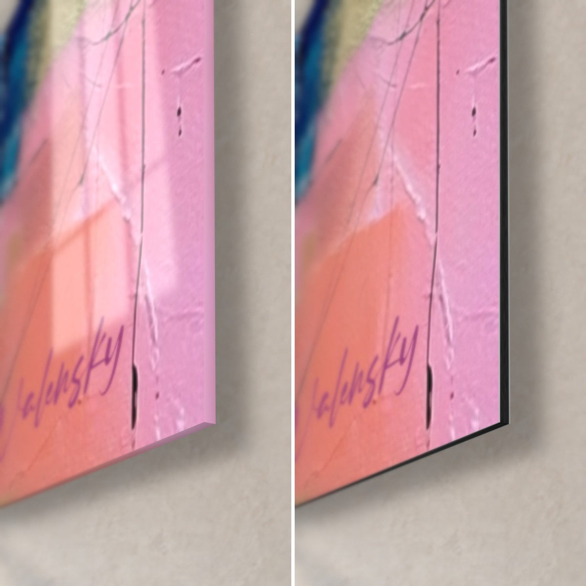 Schilderij van karting in glanzend acrylglas en mat Dibond-aluminium, 3 mm dikte, roze schildering en Walensky-signatuur, rechtsonder