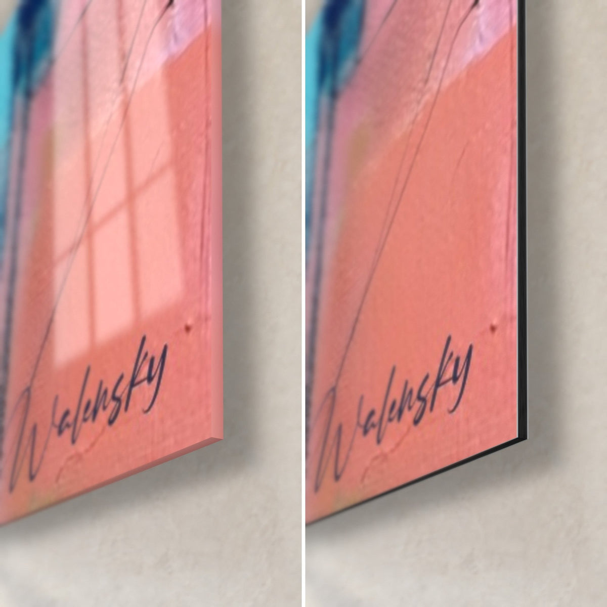 Schilderij racer in roze kart, rechteronder hoek: glanzend acrylglas links, mat zwart Dibond rechts, Walensky-handtekening op zalmkleurige achtergrond