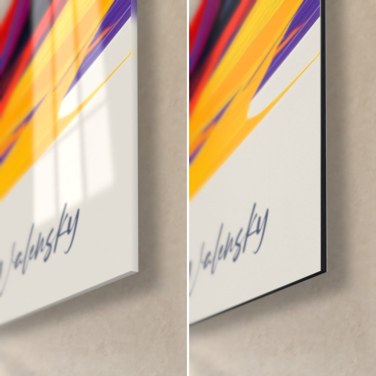 Schilderij karter in volle acceleratie, rechtsonder: glanzend glas links, mat zwart Dibond en rand rechts