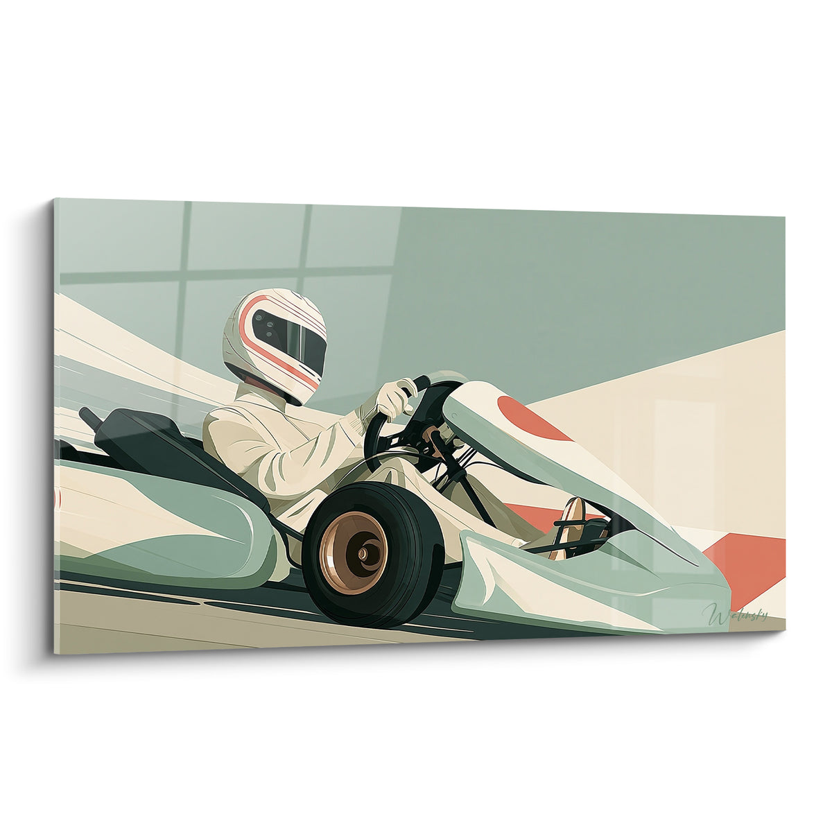 Pilote de karting casqué en blanc, kart vert sauge et corail, style graphique épuré et dynamique