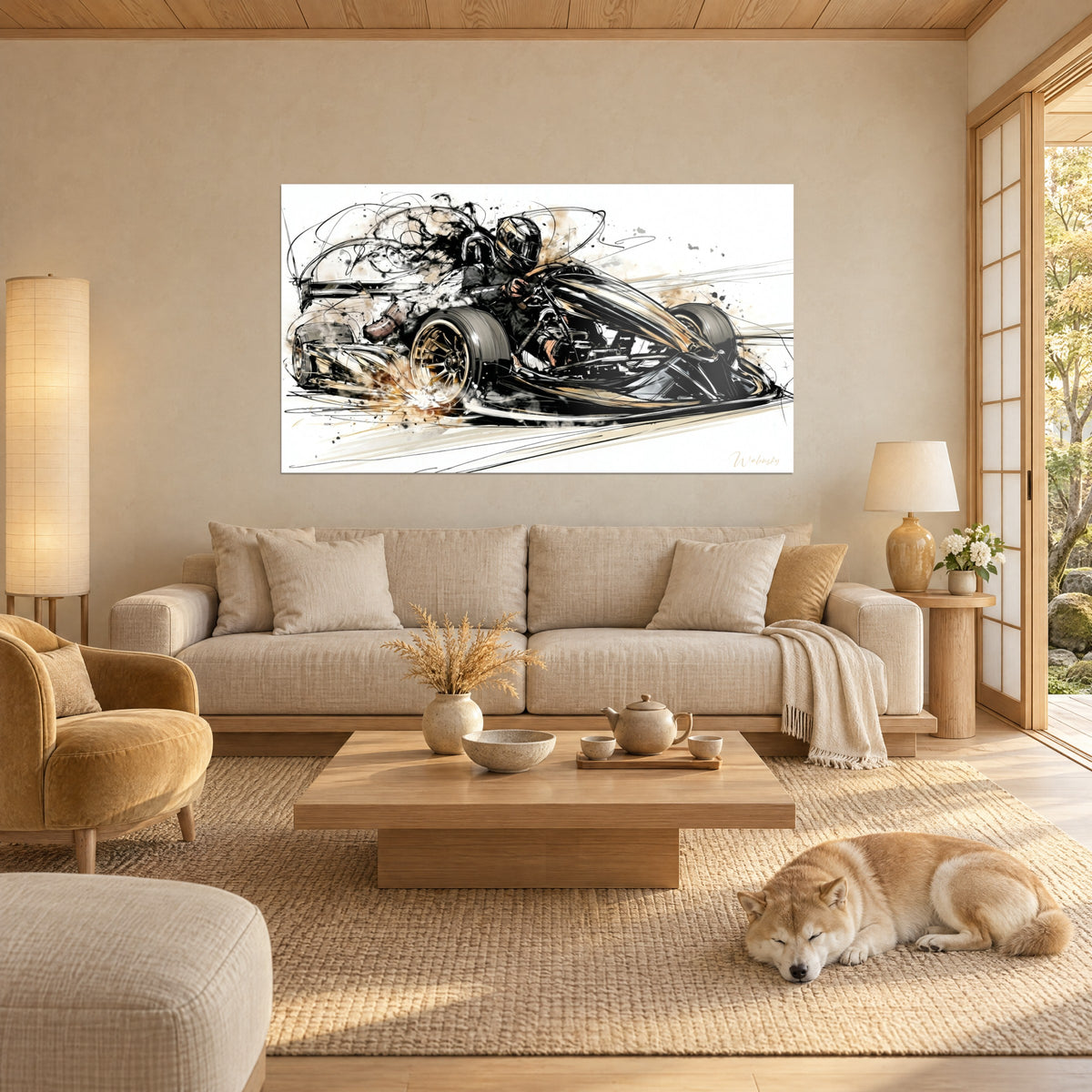 Wall art black and gold go-kart racer with ink lines, beside a sleeping shiba above a sofa in a bright living room