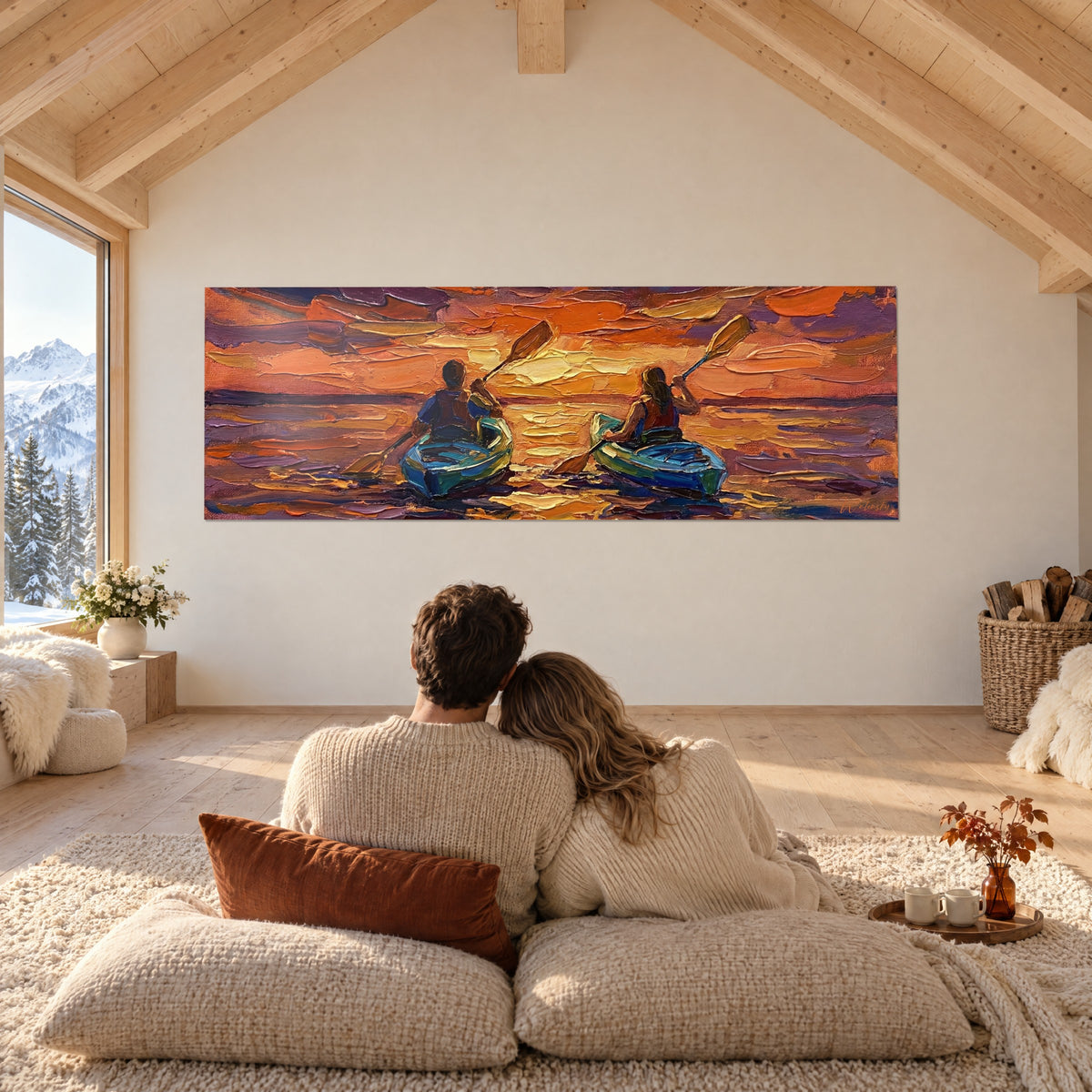 Schilderij geсilhouetteerde roeiers op een saffraangeel en mauve meer, peddels met gouden bladen, tegenover een omhelsd stel in een berghut