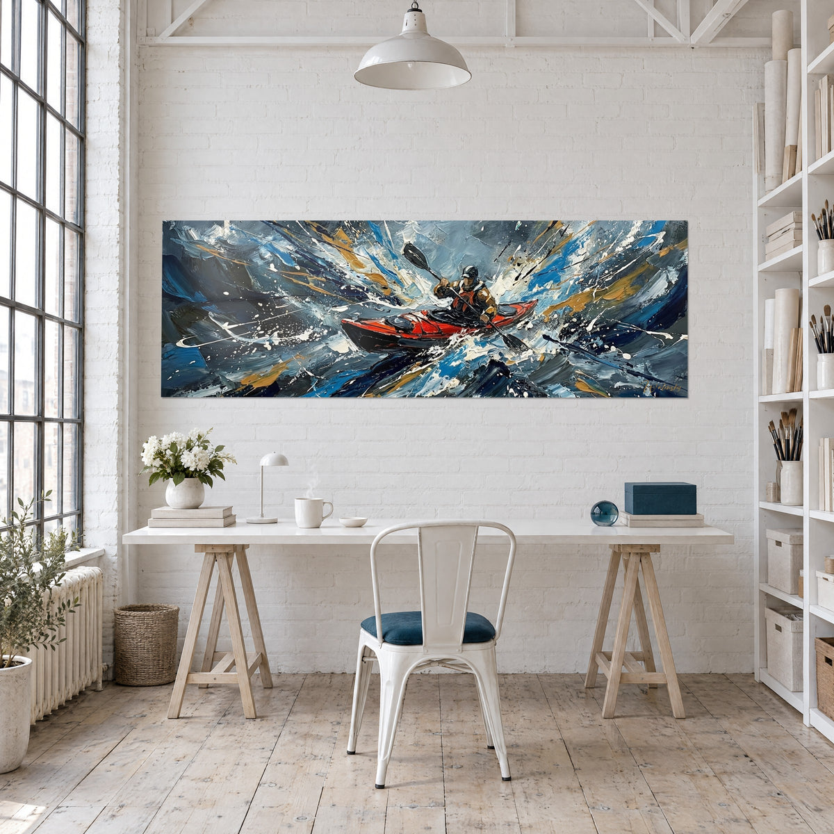 Schilderij sportieve peddelaar met zwarte helm in een blauw en okerkleurig draaikolk, opgehangen boven een bureau van licht hout