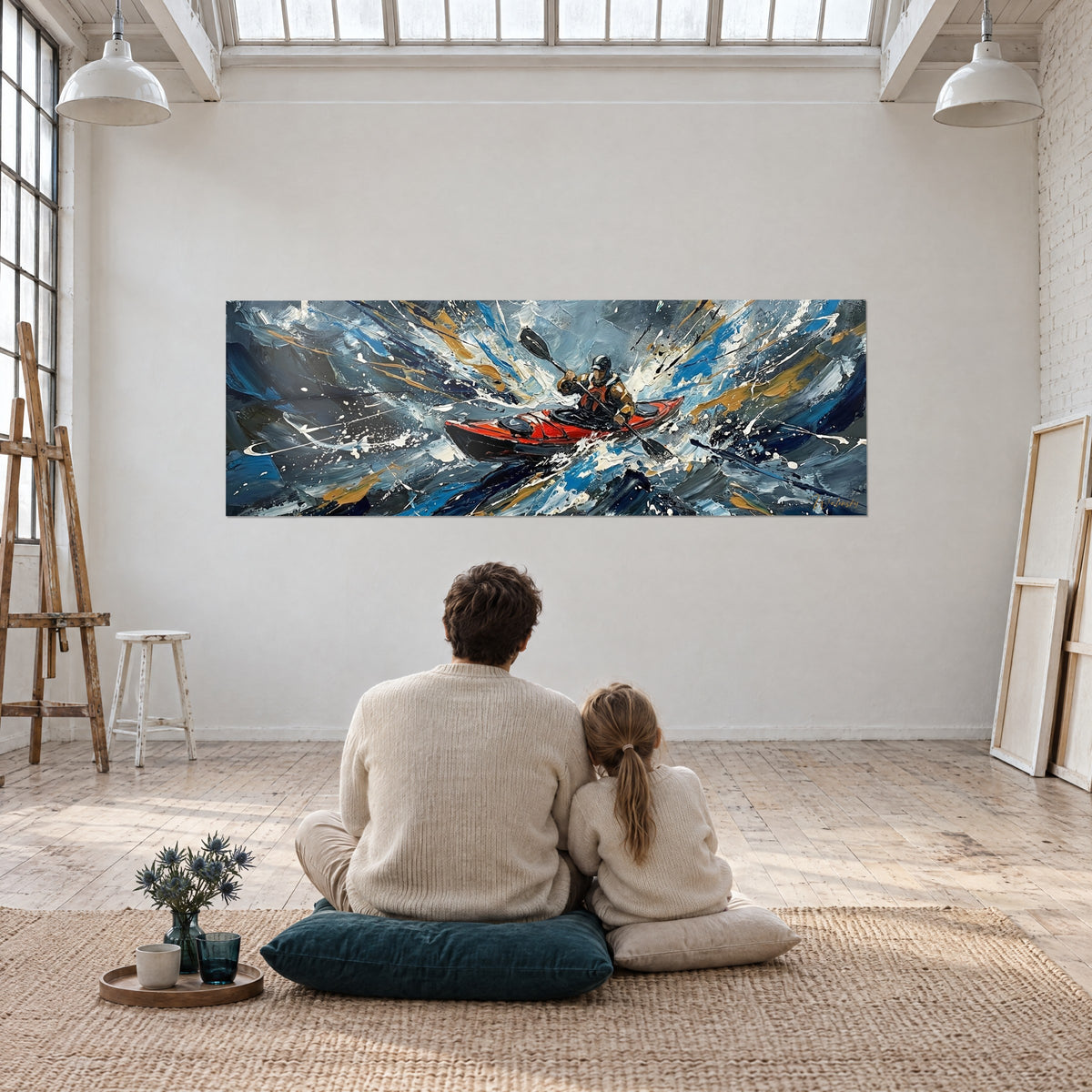 Schilderij scharlakenrode boot die over een staalblauwe en witte golf wordt geslingerd, lege loft, een volwassene en een kind van achteren