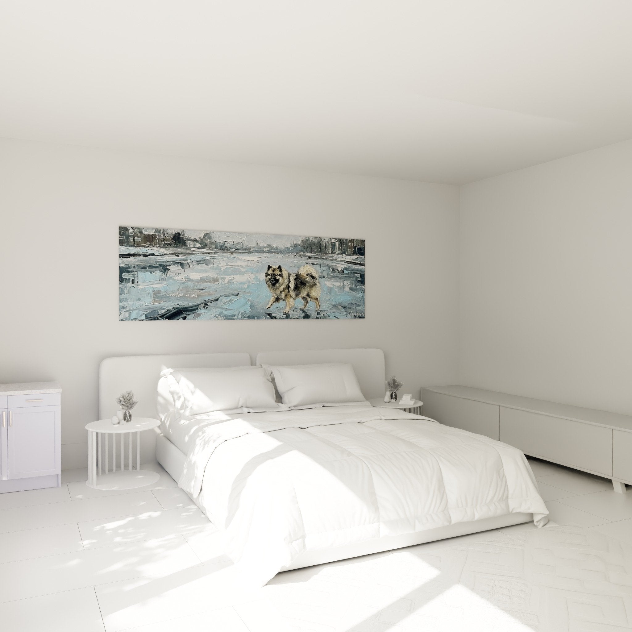 Decoration murale Keeshond paysage arctique bleu dans chambre moderne ambiance sereine