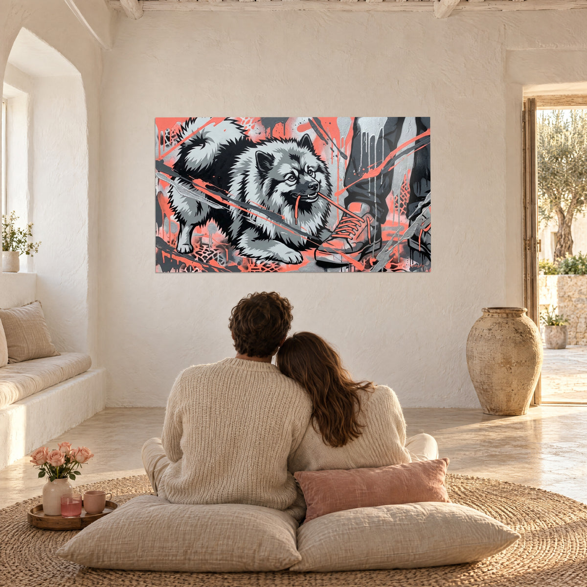 Gemälde aggressiver Keeshond im korallenroten, grauen und silbernen Street-Art-Stil, Beine in Jeans und rosa Sneakern, gegenüber einem auf Kissen sitzenden Paar aufgehängt