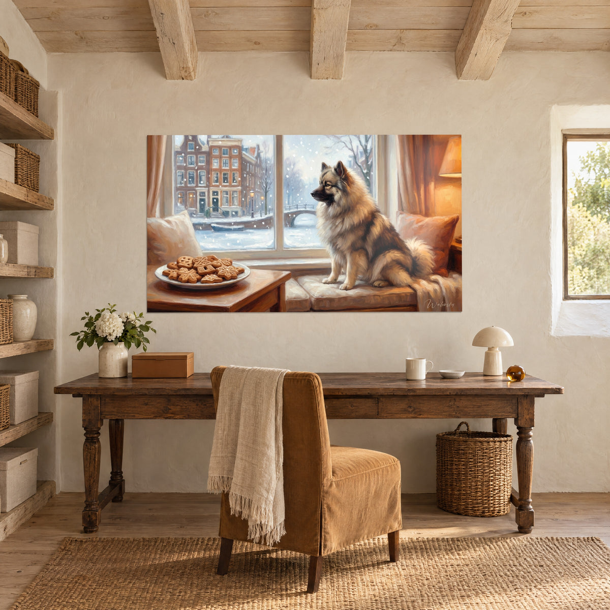 Gemälde Keeshond in sanfter Ölmalerei mit Honig- und Perlgrau, überwölbte Brücke im Schnee, warme Lampe, Holzschreibtisch
