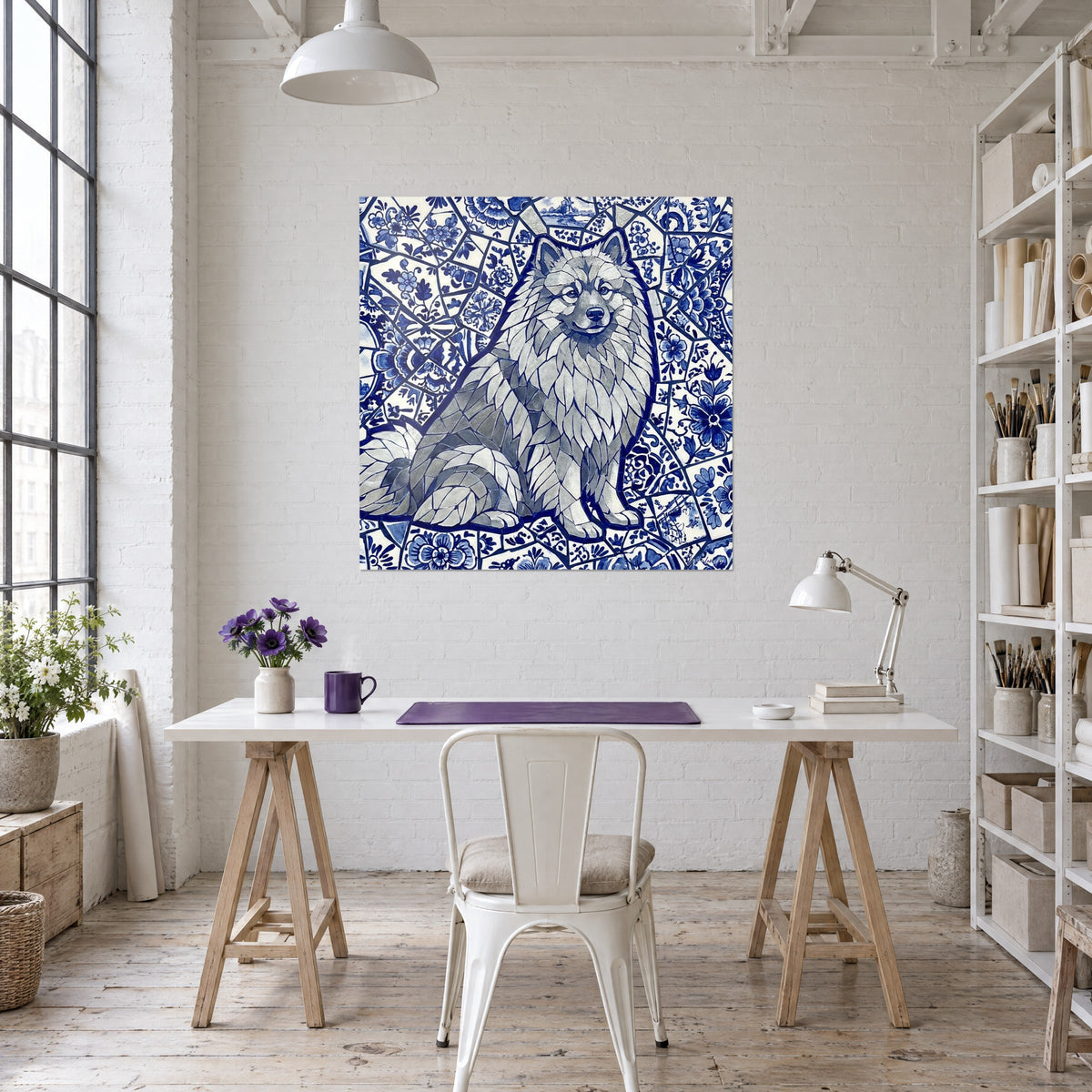 Tableau chien nordique en carreaux brisés bleu outremer et gris perle, accroché au-dessus d'un bureau en bois et d'une lampe blanche