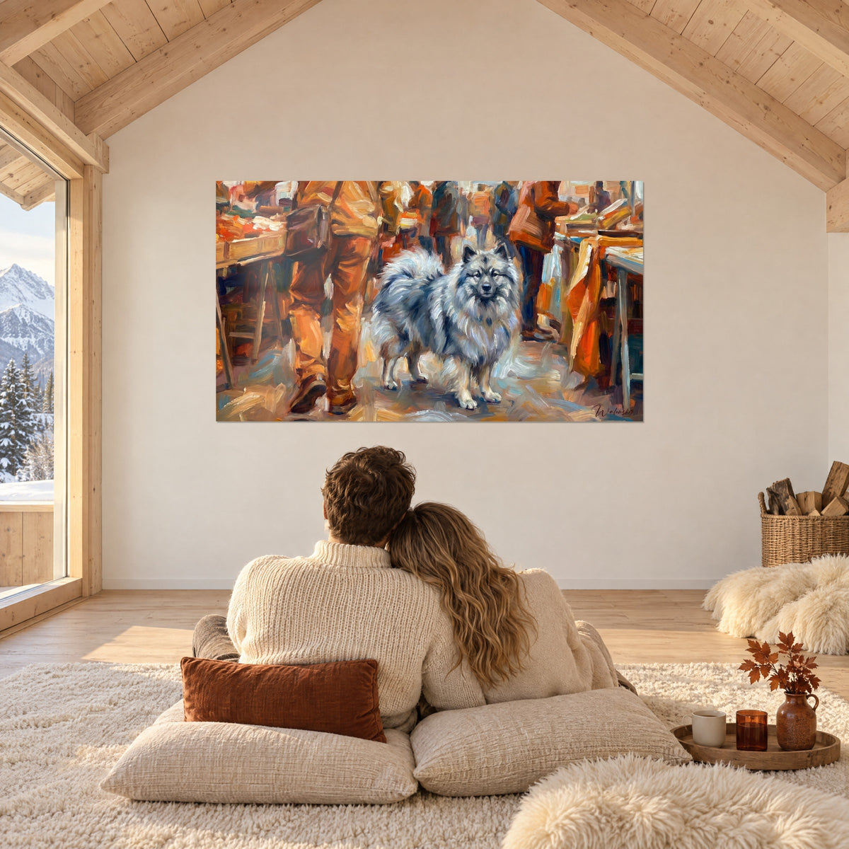 Quadro keeshond dal pelo grigio azzurrato davanti a zampe bruno-arancio, pittura a olio vibrante, ammirato da una coppia seduta su cuscini