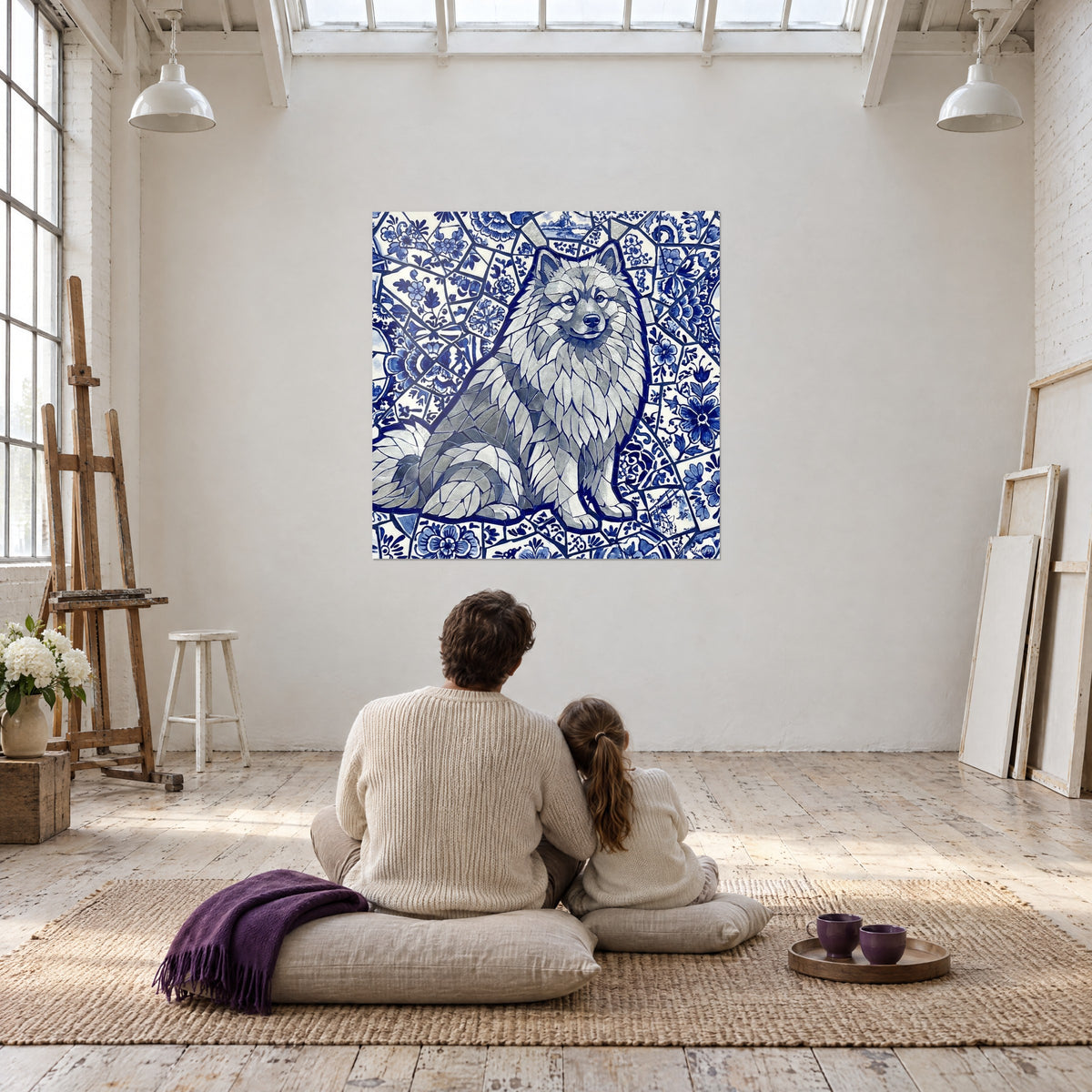 Tableau spitz allemand en puzzle de faïence bleu nuit et blanc crème, contemplé par deux personnes de dos assises sur un tapis