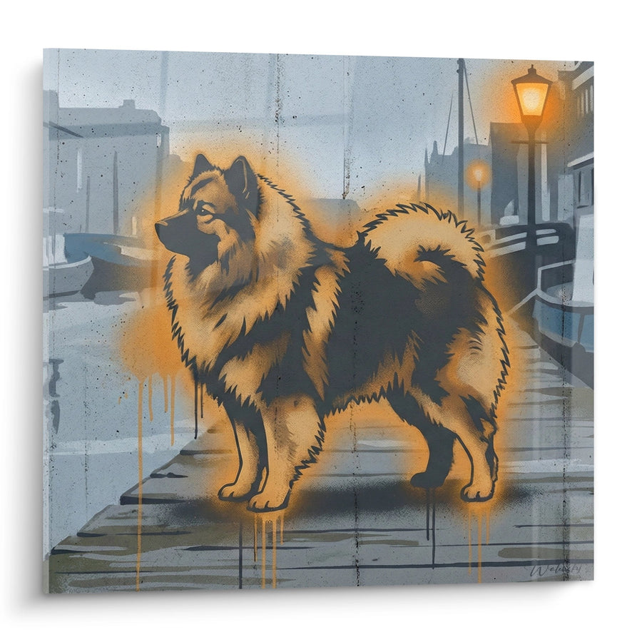 Tableau Chien Keeshond aux Tons Dorés dans Rue Urbaine - Élégance Canine - Edition Keeshond