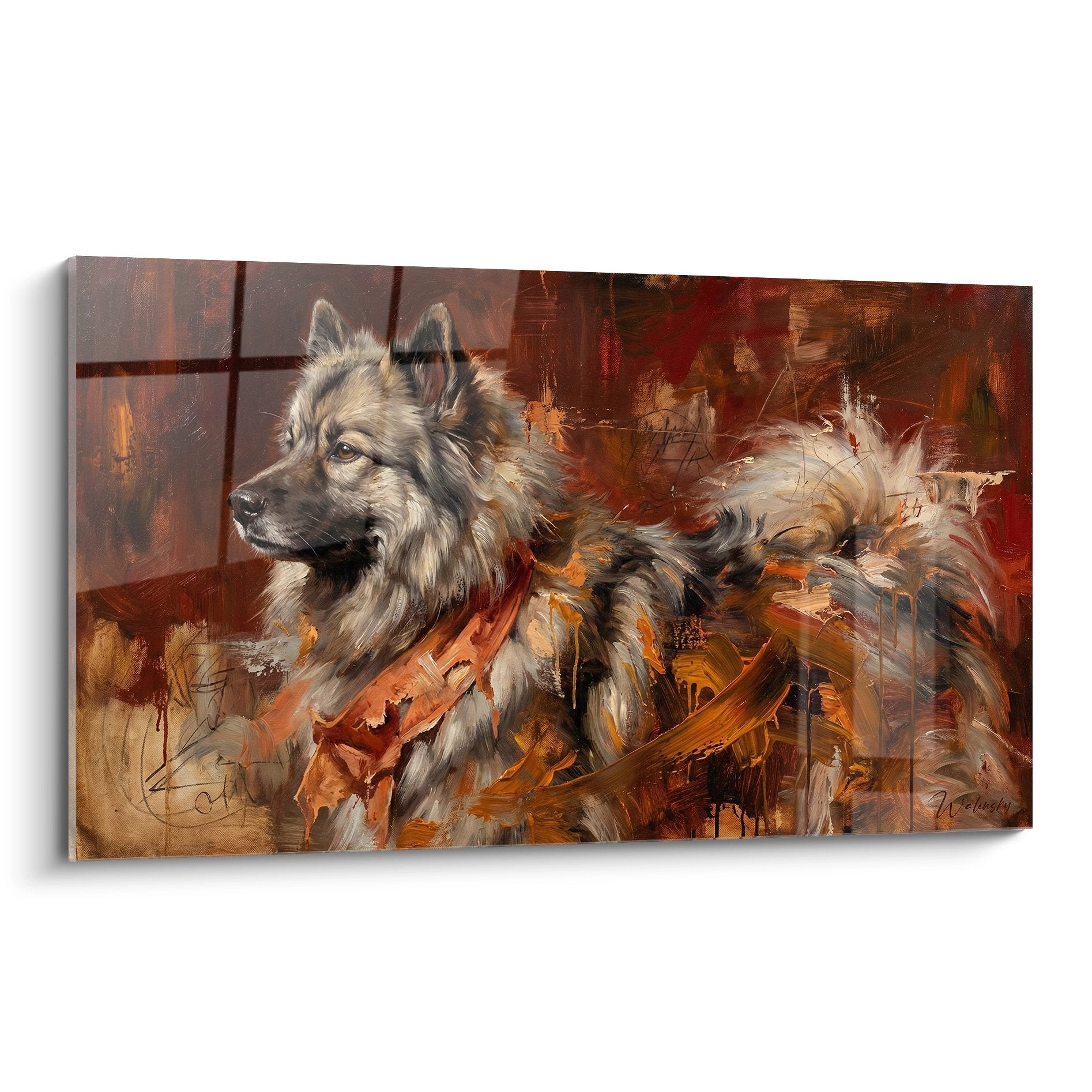 Tableau artistique Keeshond expressif tons cuivres oranges fond abstrait peinture moderne canine portrait