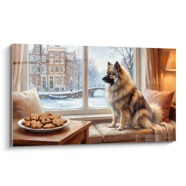 Tableau Keeshond Roux Observant la Neige par la Fenêtre - Douceur Hivernale - Edition Keeshond