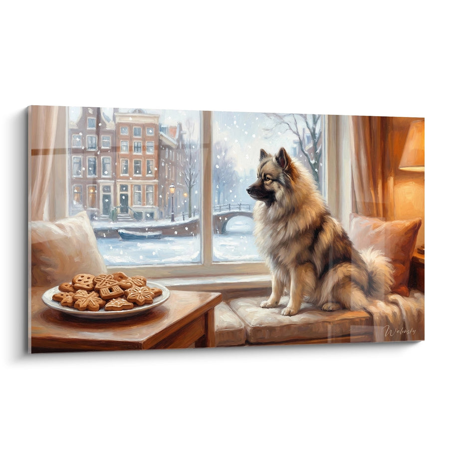 Tableau Keeshond Roux Observant la Neige par la Fenêtre - Douceur Hivernale - Edition Keeshond