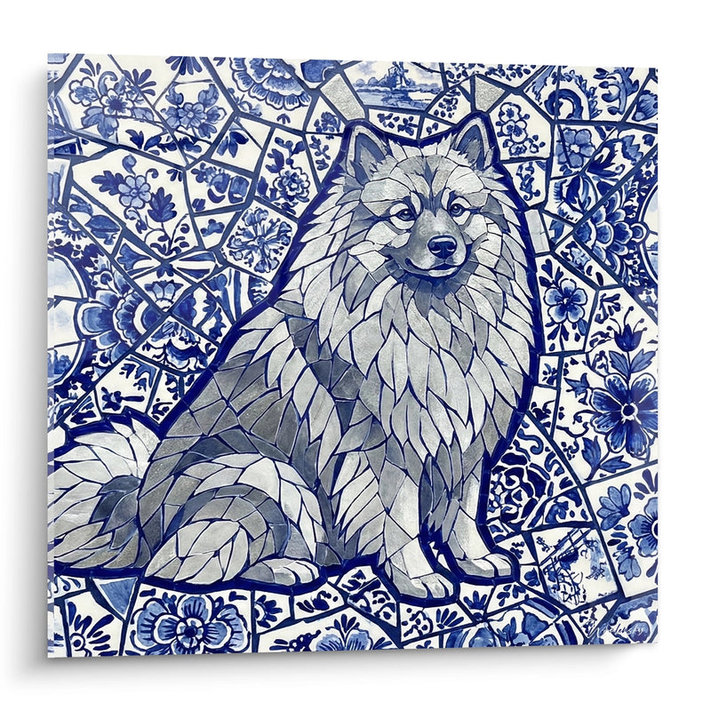 Blue Geometric Spitz Dog Painting on Floral Tile Mosaic - Delft Mosaic - Keeshond Edition