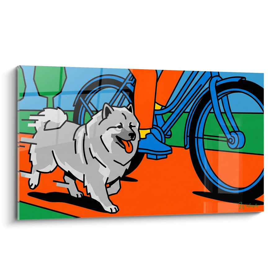 Tableau Keeshond Gris Langue Rose sur Fond Orange Vif avec Vélo Bleu - Évasion Urbaine - Edition Keeshond