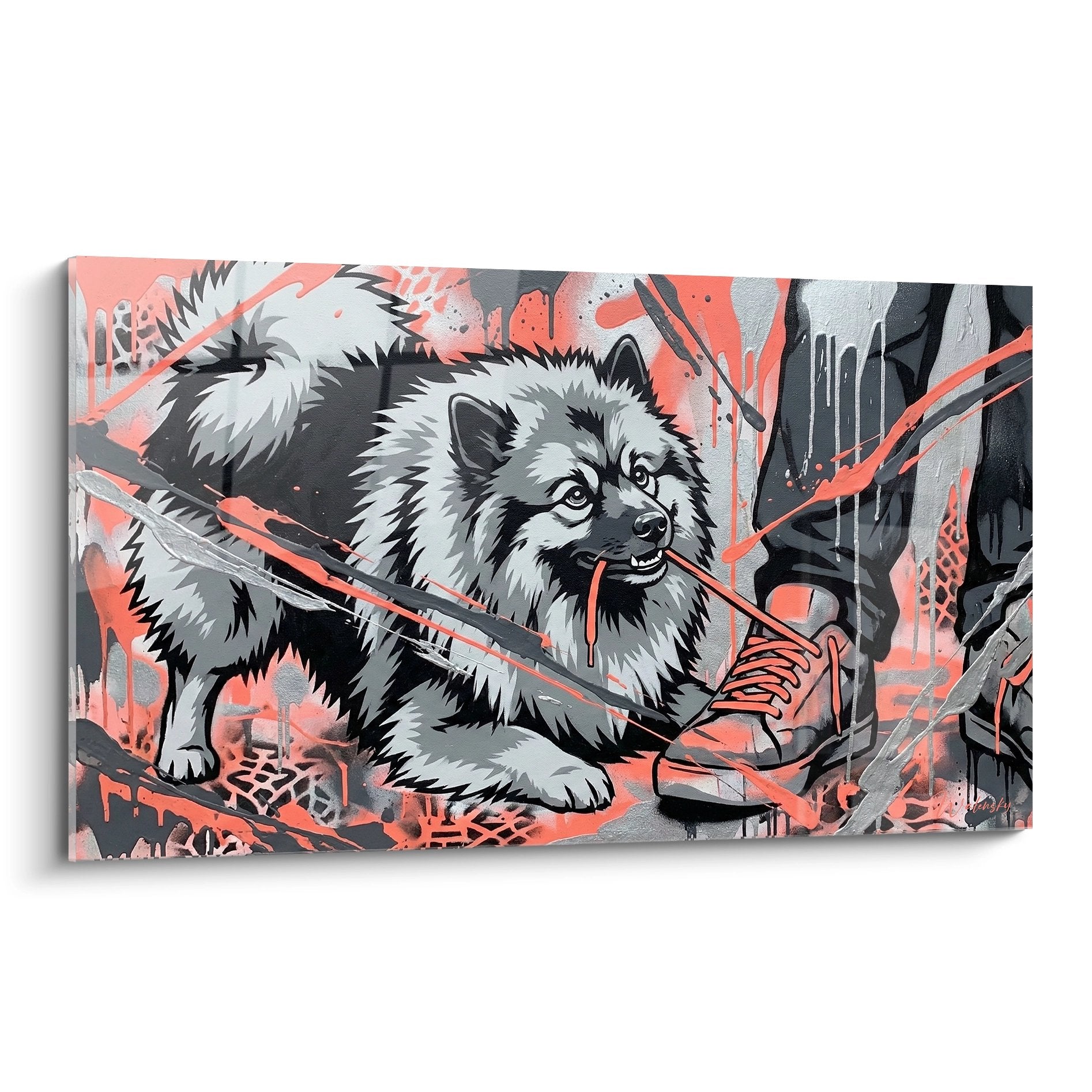 Tableau Keeshond guerrier avec épée tons corail et argent style art urbain moderne