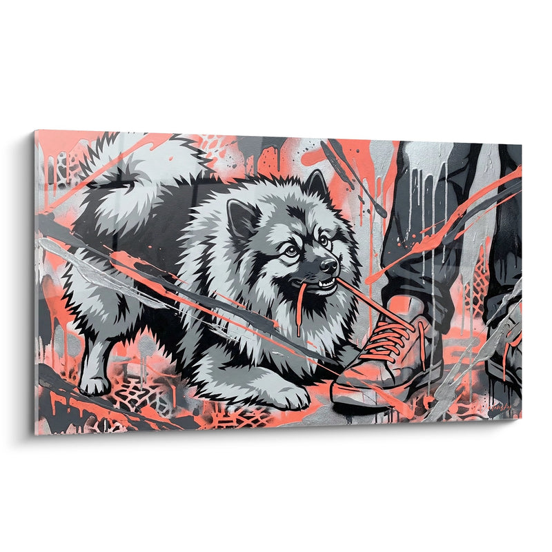 Tableau Keeshond aux Tons Corail et Argent avec Épée - Art Urbain Féroce - Edition Keeshond