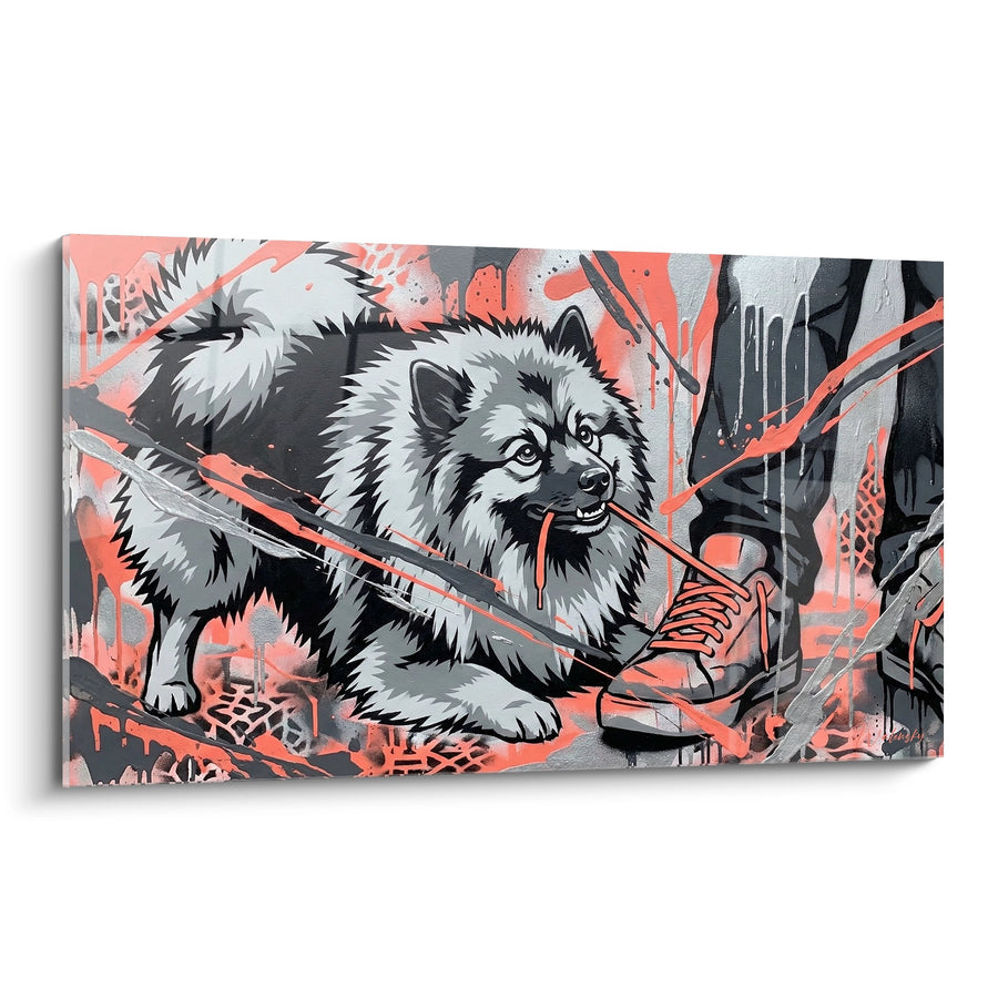 Tableau Keeshond aux Tons Corail et Argent avec Épée - Art Urbain Féroce - Edition Keeshond