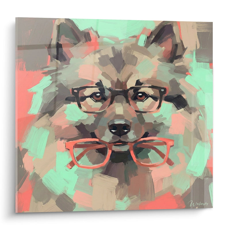 Hundegemälde mit bunter Brille Minz- und Korallenpalette - Künstlerisches Porträt - Keeshond-Auflage