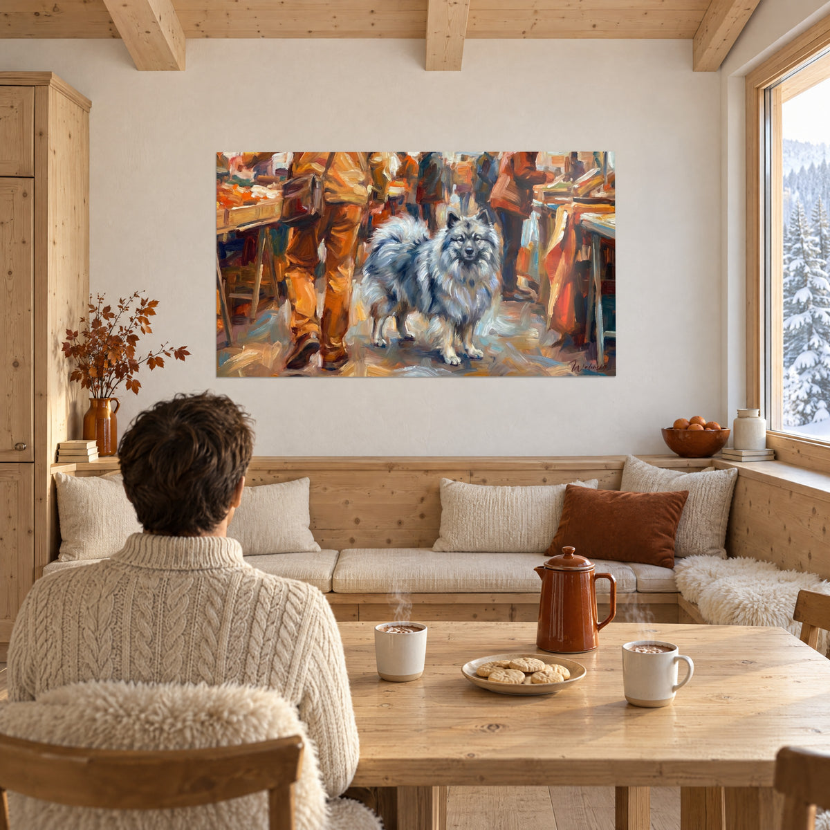 Quadro spitz tedesco dal muso scuro appostato sui sampietrini ocra, sagome arancioni sfocate, di fronte a un tavolo di legno dello chalet