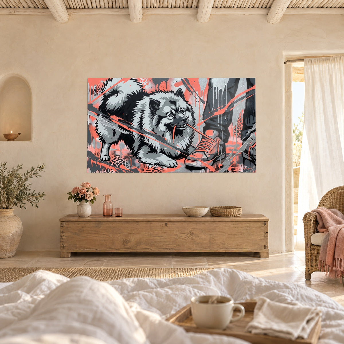 Gemälde Keeshond mit wildem Blick, korallenroter Schnürsenkel fest zwischen den Zähnen, graues und schwarzes Fell, über einem Bett in einem hellen Schlafzimmer