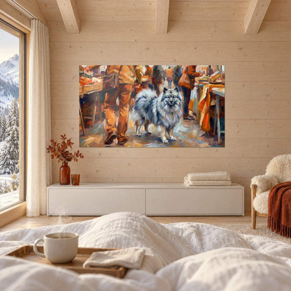 Quadro cane lupo con collare di pelo grigio e nero, passanti ramati e blu nel mercato, sopra un letto in una camera luminosa