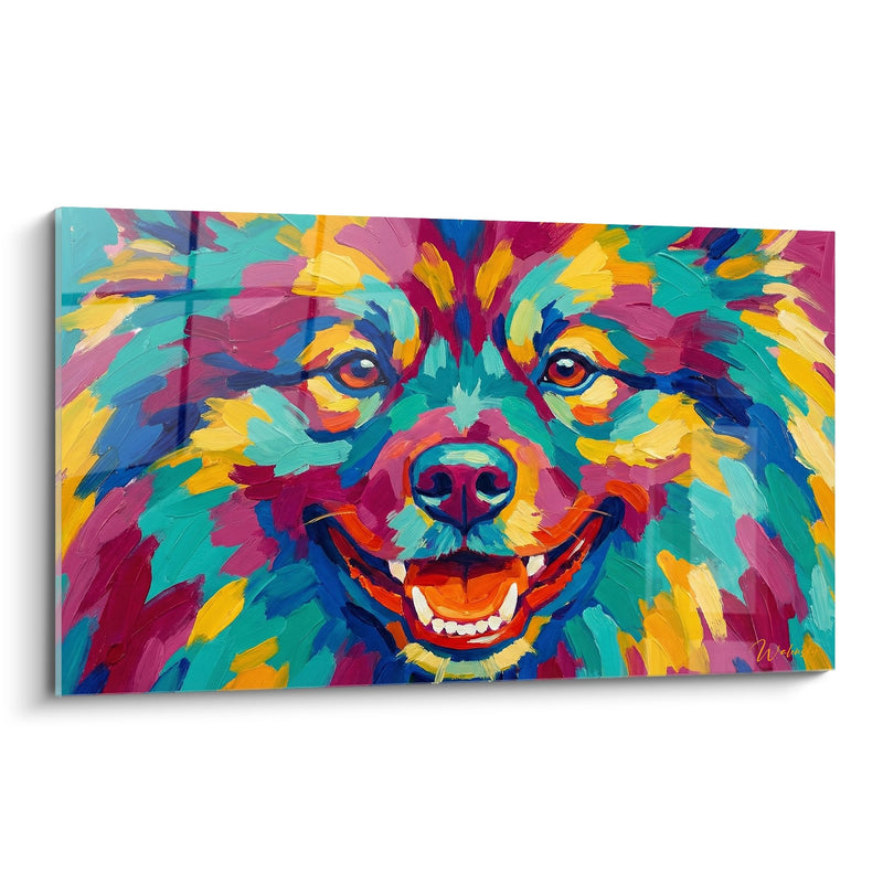 Tableau Portrait de Chien aux Couleurs Vives Turquoise Orange et Violet - Sourire Éclatant - Edition Keeshond
