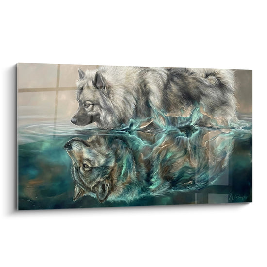 Keeshond-Gemälde teilweise in türkisblauem Wasser versenkt mit mystischen Wasserreflexen