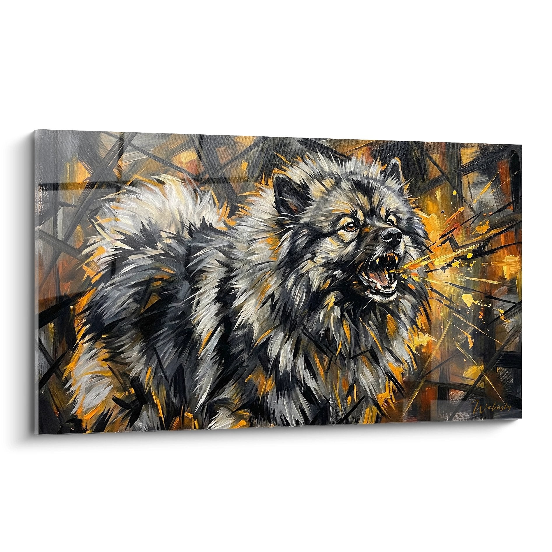 tableau-keeshond-rugissant-eclats-dores-traits-noirs-expressionnistes-art-contemporain-chien