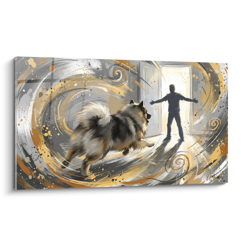 Keeshond Wandbild Springend in einer goldenen und silbernen Spirale - Freiheitsschwung - Keeshond Edition