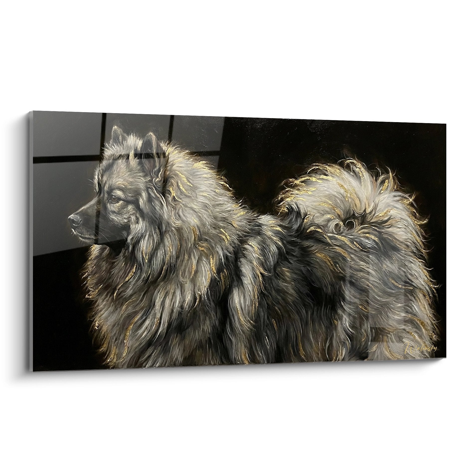 Tableau duo Keeshonds pelage dore lumiere chaude complicite canine art mural