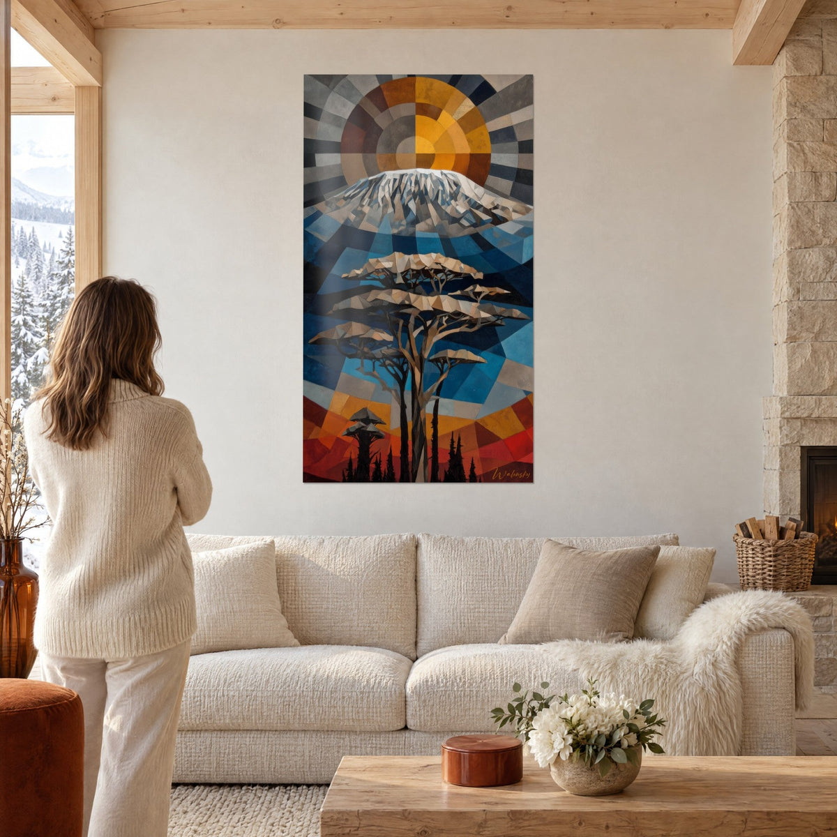 Wall art snowy Kilimanjaro under a sun of ochre and grey mosaic, amber acacia, woman seen from behind, above a sofa in a bright living room