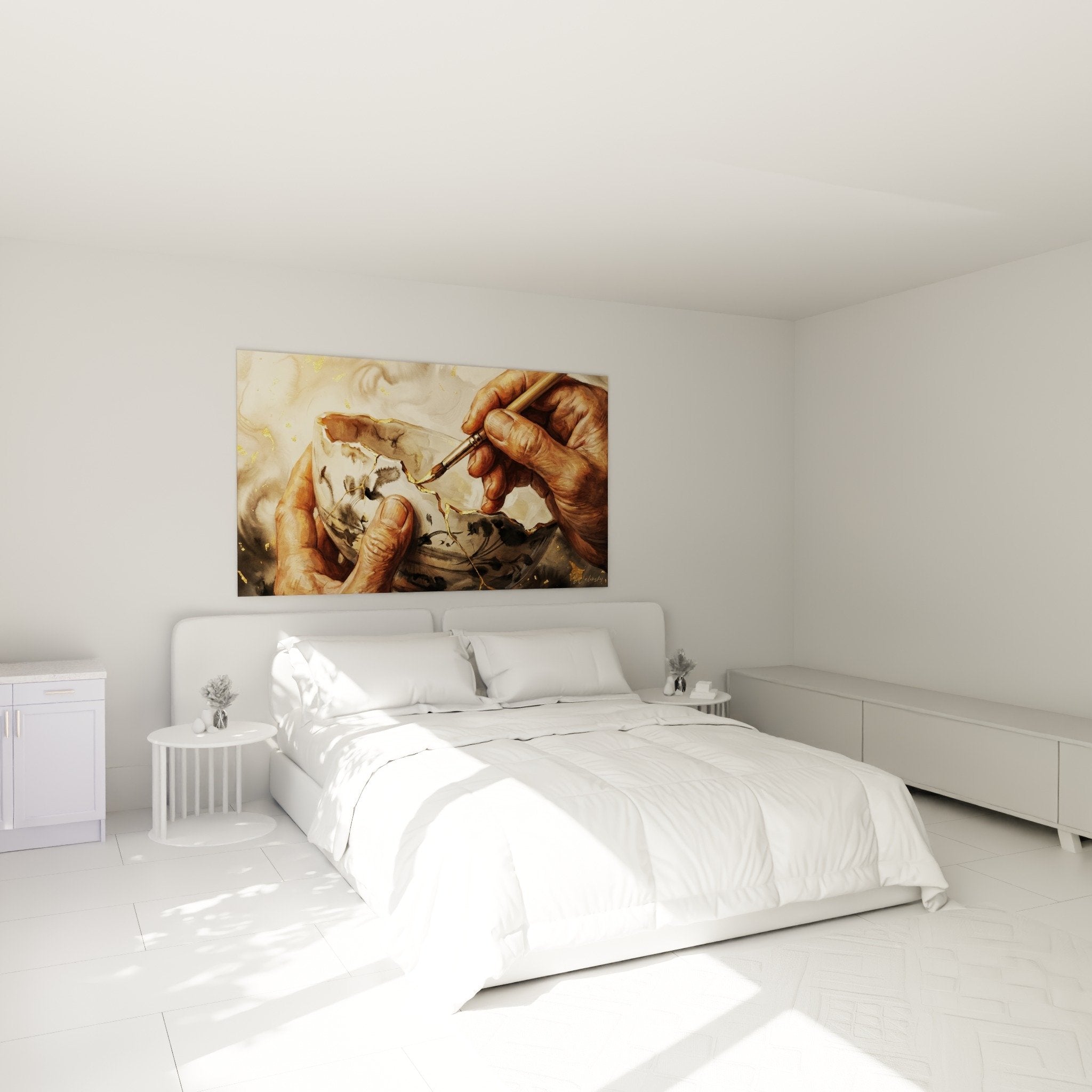 Tableau art kintsugi mains dorées dans chambre moderne décor zen apaisant