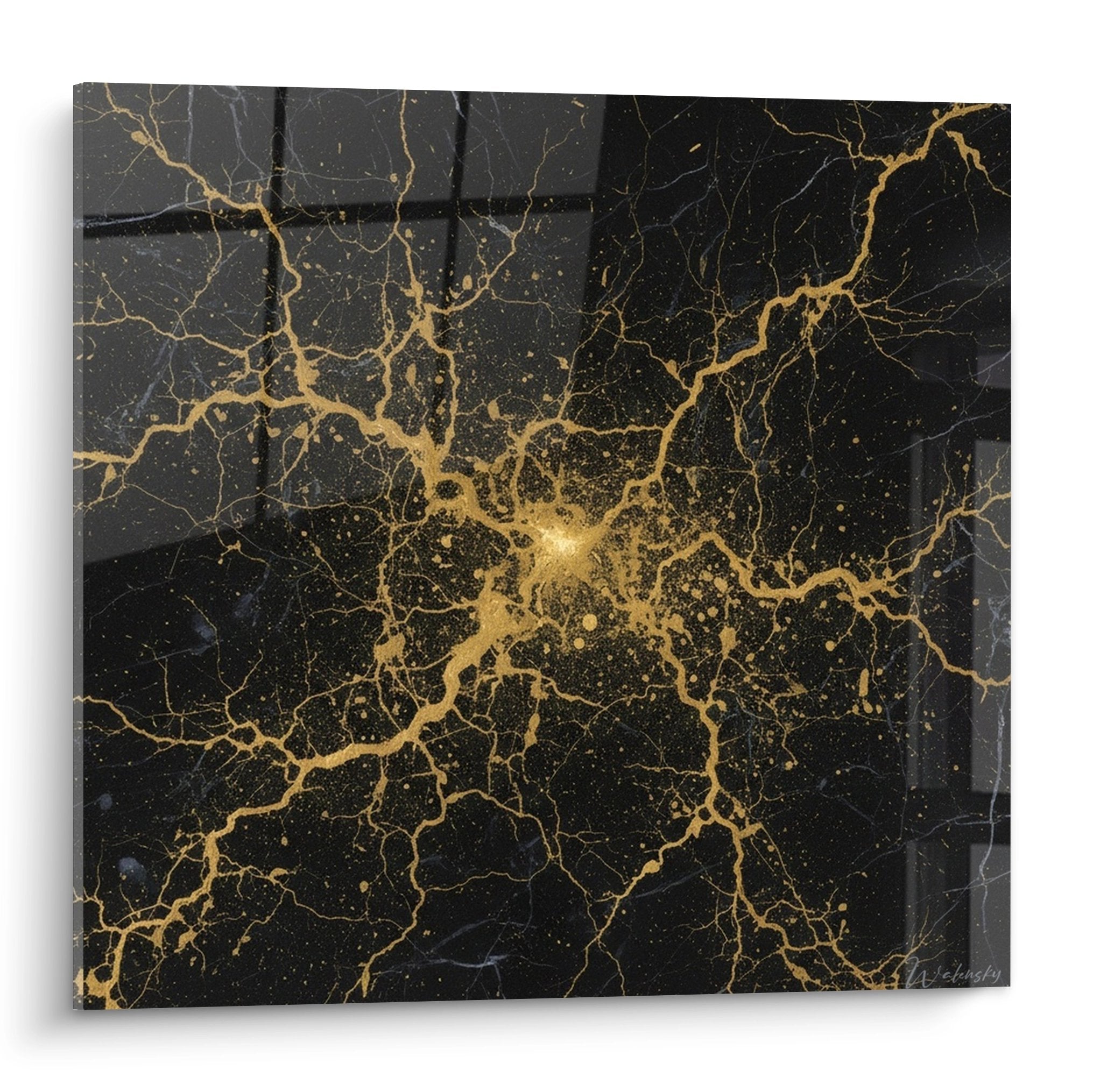 Tableau art mural fissures dorees sur fond noir profond style kintsugi explosion lumineuse centrale veines or