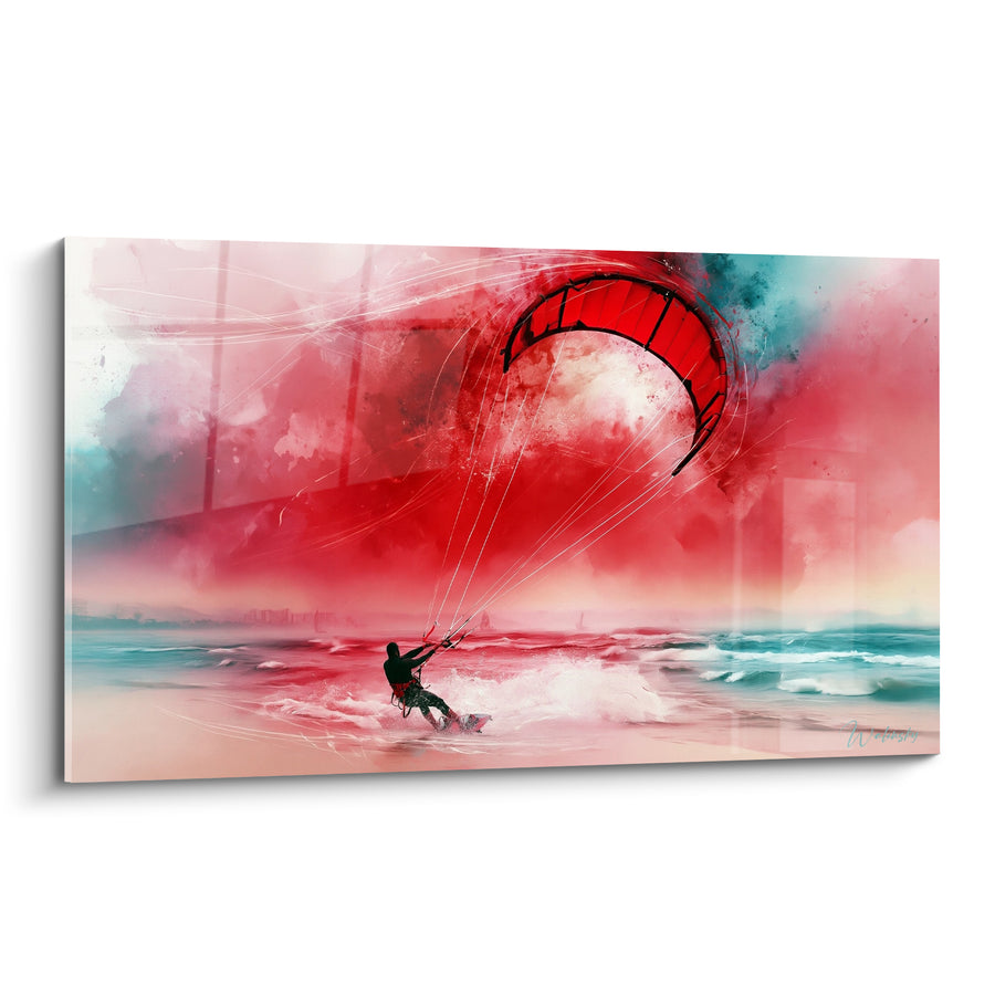 Tableau Kitesurfeur silhouette rouge et turquoise sur silhouette urbaine floutée - Ciel embrasé écarlate - Edition Kite surf