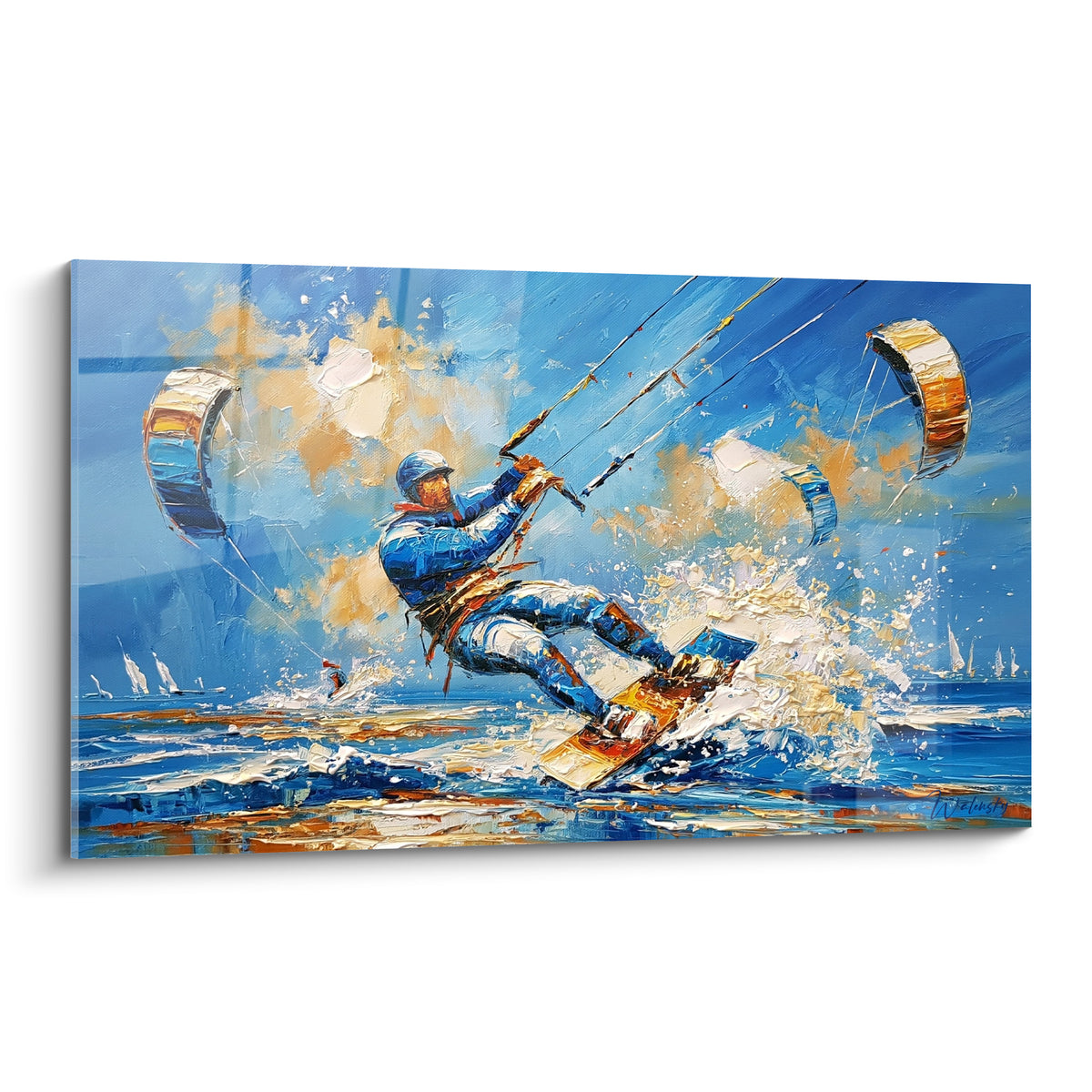 Kitesurfeur en combinaison bleu marine fend l'écume dorée sur une planche colorée