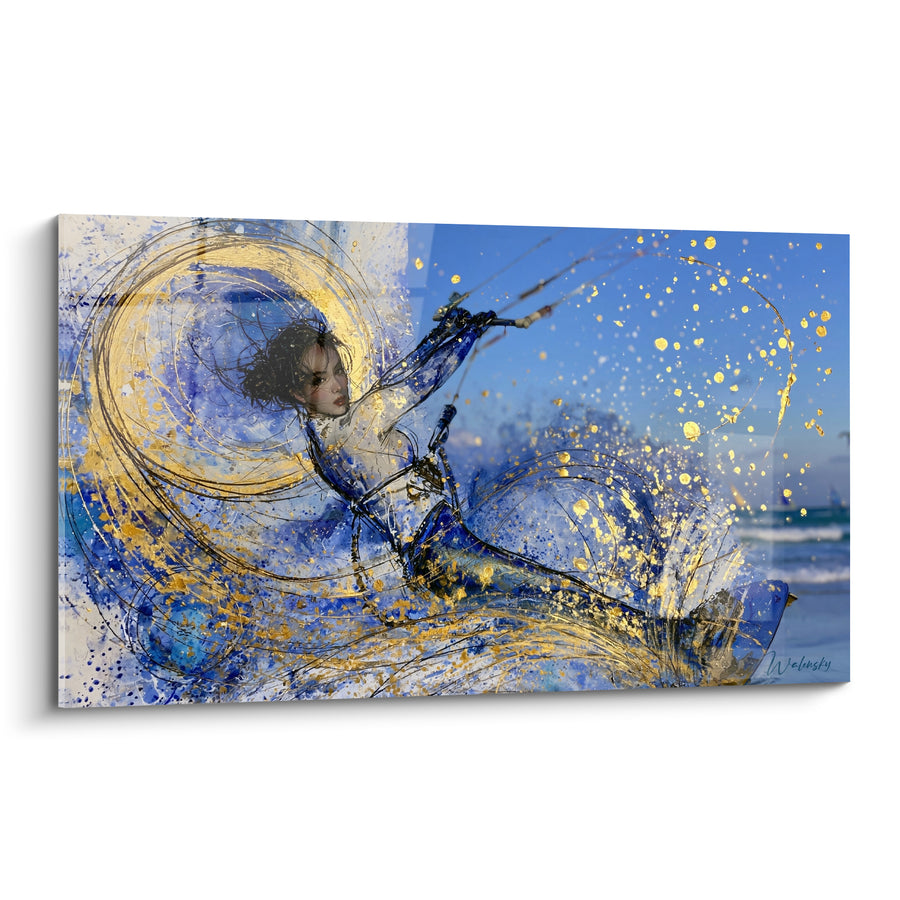 Tableau Kitesurfeuse bleu et doré en pleine glisse - Envol sur les flots - Edition Kite surf