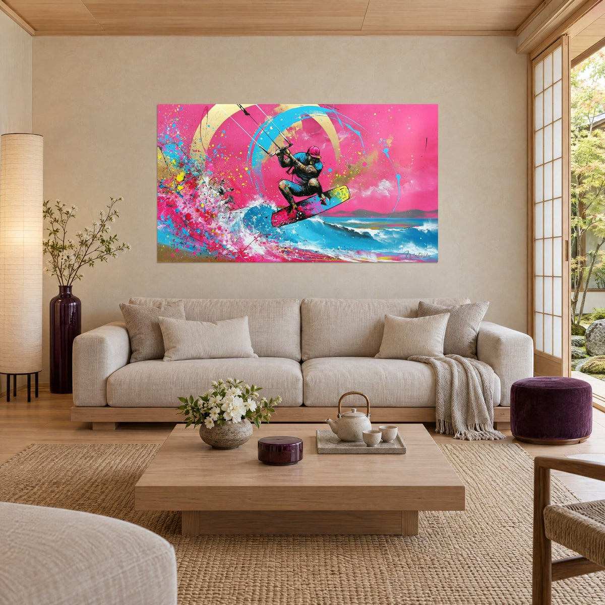 Gemälde Kitesurfer mit rosa Helm springt über eine türkisfarbene Welle, spritzender fuchsiafarbener Hintergrund, über einem Sofa in einem hellen Wohnzimmer