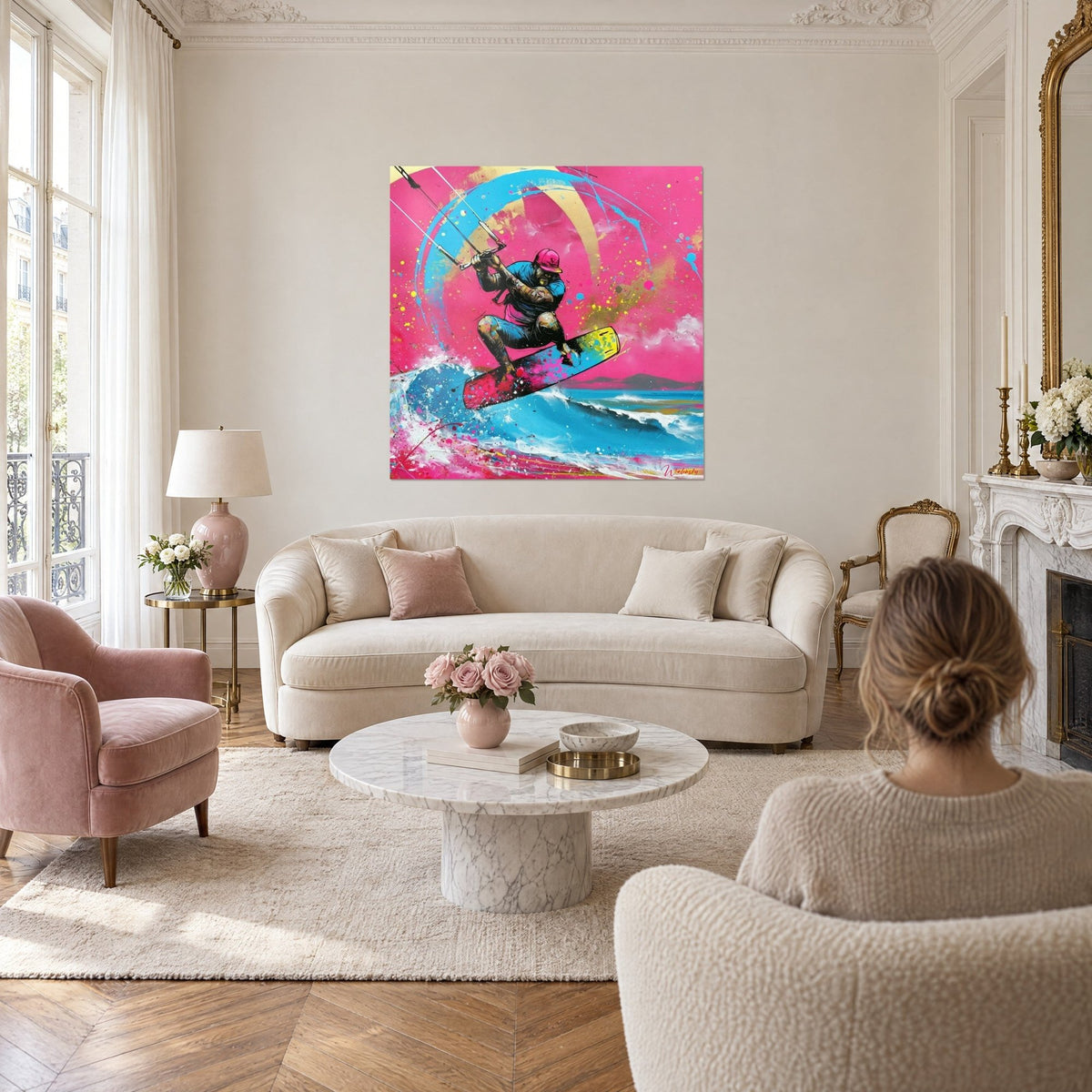 Schilderij van een kitesurfer met roze pet midden in een sprong, turquoise golf en bespatte fuchsia achtergrond, boven een bank in een lichte woonkamer