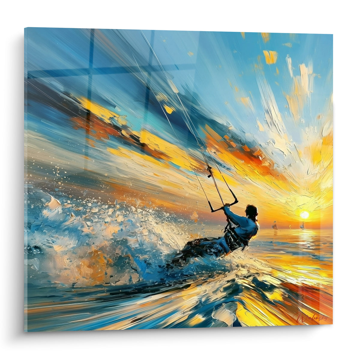 Kitesurfeur en silhouette fendant l'écume bleu turquoise sous un ciel doré et orangé embrasé