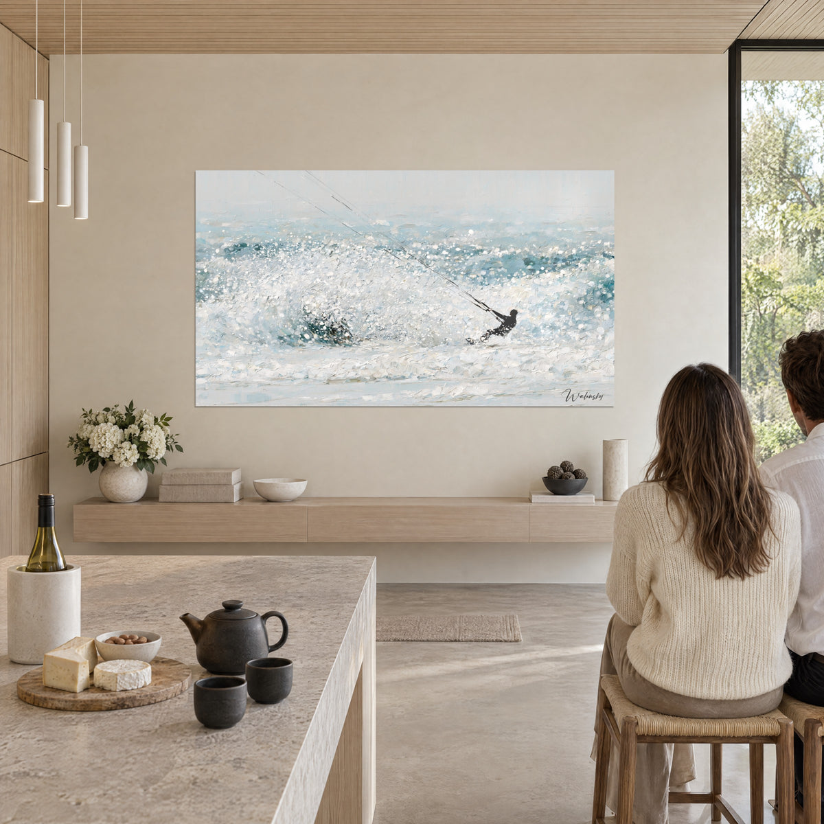 Wall art black kiter gliding through a cloud of white and grey-green splashes, thick palette-knife texture, beige wall of an open kitchen