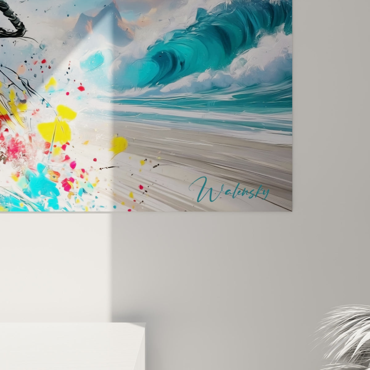 Détail des éclaboussures rouge, jaune et turquoise sur la toile du tableau kite surf accroché